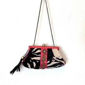 Mary Frances Aria Zebra Print Bejeweled Clutch Shoulder Bag Pink Frame Tassel